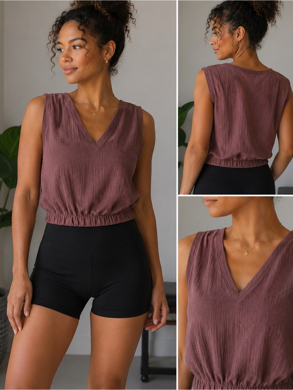 A New Day Brown Textured Sleeveless Blouse | Elastic Hem V-Neck Top | Large